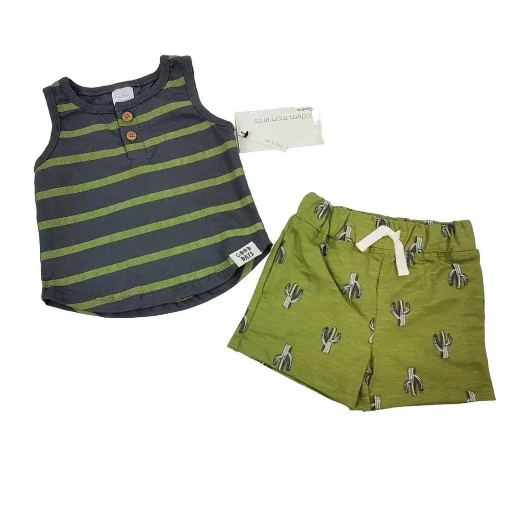 0-3m Boys Green Cactus Tank and Shorts Set Boys Summer Clothes Sets